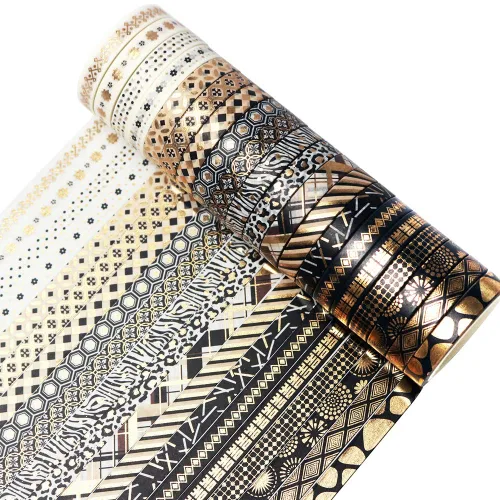 Vista 10 de YUBBAEX Juego de 18 Rollos de Cinta Washi Negra Dorada con Patrones Básicos de Impresión Dorada, Cintas Decorativas para Artes, Manualidades DIY