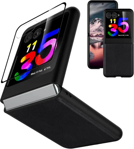 Vista 19 de Funda delgada de piel sintética para Motorola Razr Plus 2023, [cubierta frontal transparente + parte trasera de cuero duro de policarbonato] Marrón