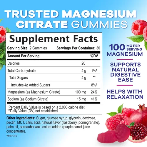 Vista 2 de Gomitas de citrato de magnesio para adultos y niños, suplementos de magnesio de alta absorción, calma premium, relajación, apoyo muscular, nervios