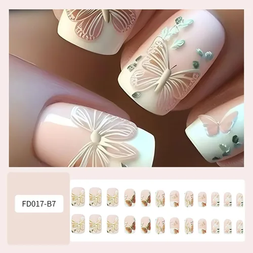 Vista 5 de Uñas postizas a presión de mariposa - Uñas falsas cortas cuadradas con diseños en relieve 3D, punta francesa blanca, acabado mate, acrílico rosa