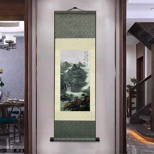 Vista 7 de AtfArt Decoración asiática de pared, hermosa pintura de pergamino de seda del paisaje del río de la cascada - Montaña, primavera, otoño