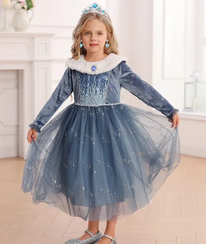 Vista 3 de Luzlen Vestido de fiesta de princesa azul para niña, disfraz de reina con accesorios
