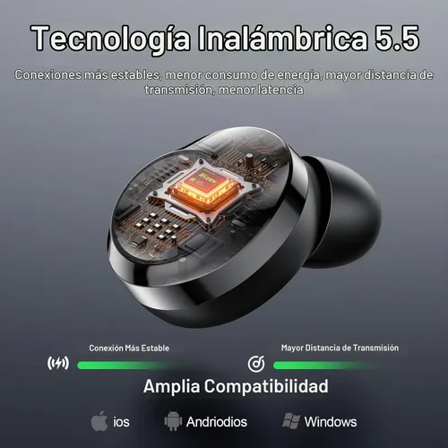 Vista 5 de Auriculares inalámbricos, Bluetooth 5.5, auriculares estéreo de bajos, auriculares con micrófono con cancelación de ruido, pantalla LED en el oído