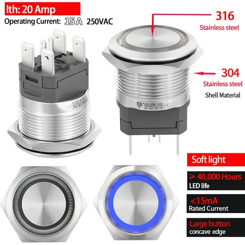 Vista 8 de Interruptor de botón de cierre de 15 amperios, 22 mm, 12 V CC, DPST, luz LED ojo de ángel, acero inoxidable 304, impermeable IP67 con enchufe