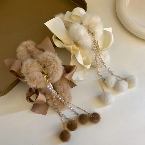 Vista 5 de Jumwrit Pinzas para el cabello con mandíbula de plátano peludas con lazos, borlas de perlas y fijación fuerte para mujeres y niñas, accesorios