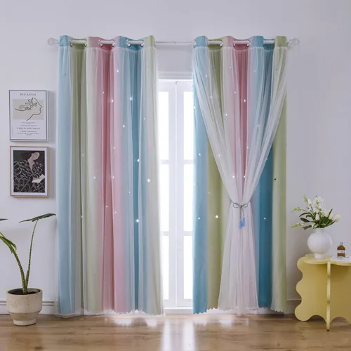 Vista 10 de Cortinas Opacas de Arcoíris Ombré para Dormitorio de Niñas, Sala de Estar, Rayas Oscurecedoras de Doble Capa con Cortes de Estrellas, Decoración