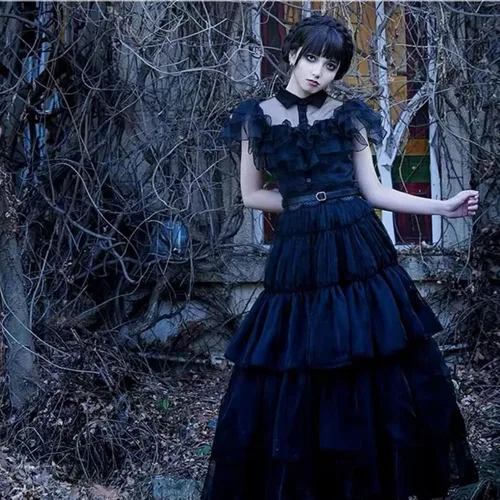 Vista 6 de Vestido Wednesday Addams para niñas, vestido de Merlina para niñas, vestido Wednesday Addams para niños, con peluca de miércoles para niños