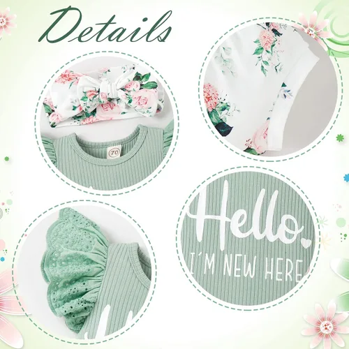 Vista 3 de Ropa de bebé niña, mameluco de encaje con volantes de verano para recién nacido + pantalones cortos florales, 3 piezas, sesión de fotos para niños