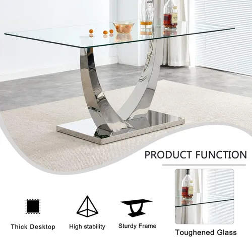 Vista 6 de Juego de mesa de comedor de lujo moderno de 63 pulgadas para 4 tapas rectangulares de vidrio templado con base en U cromada y sillas de comedor Negro