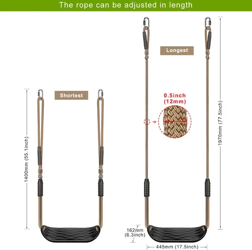 Vista 5 de BeneLabel Asiento de columpio resistente con cuerda ajustable, asientos de columpio de plástico para niños, asiento de columpio negro de repuesto