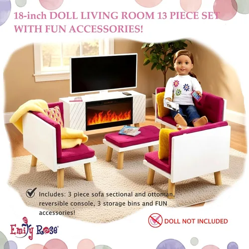 Vista 2 de Emily Rose Juego de muebles de sala de estar de muñeca de 18 pulgadas, sofá modular convertible de madera de 19 piezas con TV, chimenea, cojines
