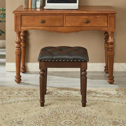 Vista 4 de Taburete de tocador con cojín de cuero de microfibra, silla de tocador otomana con patas de madera maciza para dormitorio, sala de maquillaje