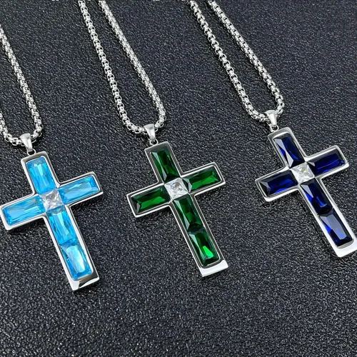 Vista 23 de Collar de cruz para hombre, piedras preciosas de color piedra natal de circonita cúbica, collar de acero inoxidable para hombre, cadena de 24