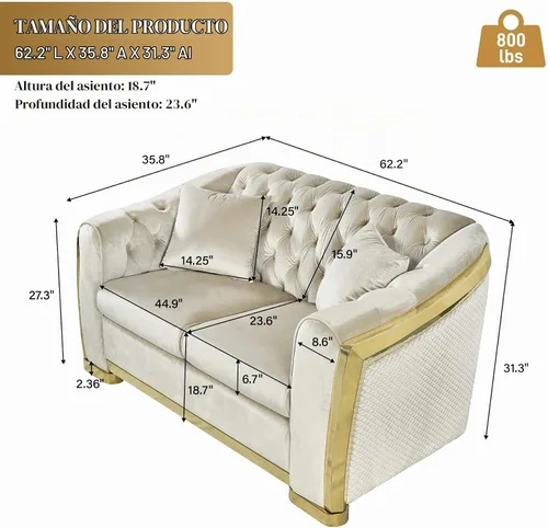 Vista 2 de DAMAIFROM Sofá Chesterfield moderno de mediados de siglo, sofá de terciopelo de 62" blanco y dorado, sofá biplaza curvo de lujo para sala de estar
