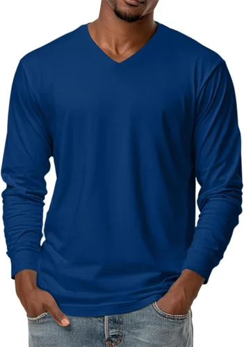 Vista 18 de Camiseta para hombre, manga larga, cuello en V, color liso, informal, básica, suave, elástica, M-3XL