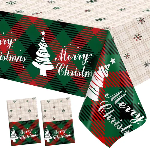 Vista 8 de Mantel de Navidad, 2 piezas de mantel desechable de plástico rojo, mantel de 54 x 108 pulgadas para decoraciones de Navidad, mantel de árbol