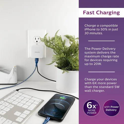 Vista 3 de Philips Bloque de cargador de pared USB para iPhone, 20 W, 1 puerto USB C, bloque de carga de 2 puertos tipo A para iPhone 15, 14, 13 series, iPad