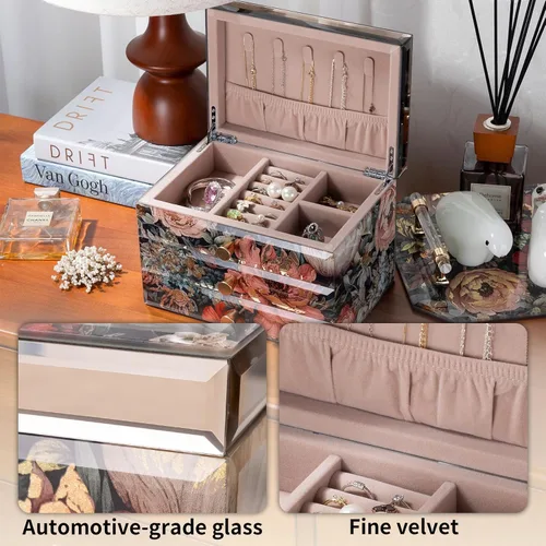 Vista 7 de Joyero de cristal con patrón floral, organizador de joyas de 3 niveles para mujeres y niñas, cajas decorativas de regalo de joyería, organizador