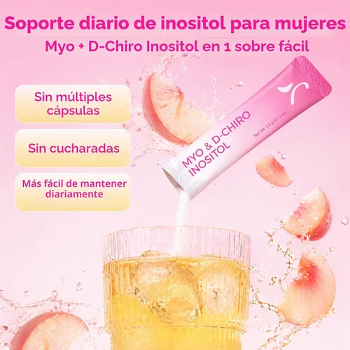 Vista 2 de Gynable - Suplemento de mio-inositol y D-Chiro inositol para mujeres, proporción 40:1, paquetes de mezcla de bebida en polvo de melocotón, apoya