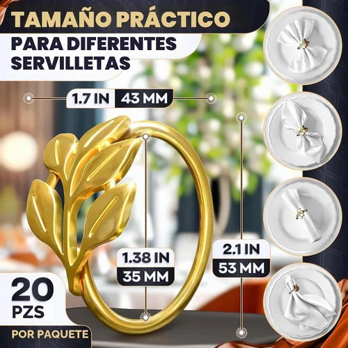 Vista 2 de 20 servilleteros dorados con diseño de hojas, diámetro interior de 1.38 pulgadas