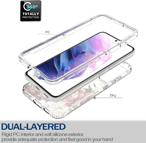Vista 3 de Funda para Galaxy S22, SM-S901U con protector de pantalla de vidrio templado, carcasa rígida de protección de diseño floral de cuerpo completo + TPU