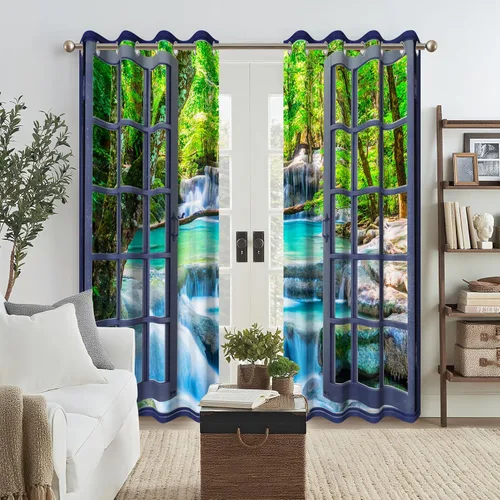 Vista 6 de Cortinas opacas de cascada, impresión 3D, vista de ventana de paisaje natural, cortinas para sala de estar, panel de cortina de río con ojales