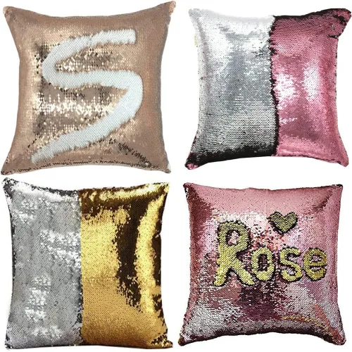 Vista 17 de MOCOFO Fundas de almohada decorativas de lentejuelas mágicas reversibles 16x16-2 de plata a oro + 2 de oro a negro de ante premium para habitación 4