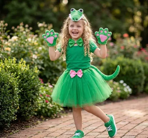 Vista 6 de Kirei Sui Disfraz de animal para niños, diseño de cocodrilo, tutú verde, diadema, pajarita, cola y patas