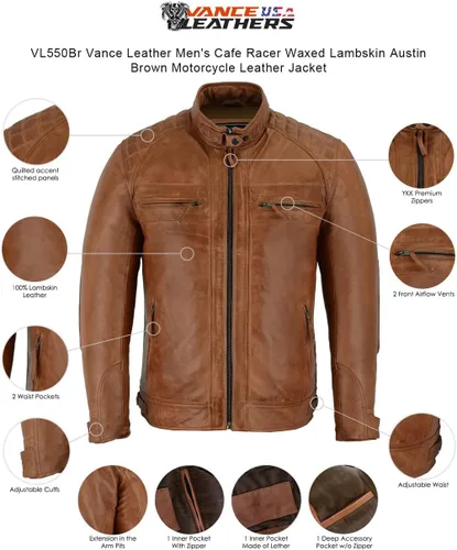 Vista 8 de Vance Leather ' Cafe Racer - Chaqueta de piel de cordero encerada para hombre, color marrón Austin