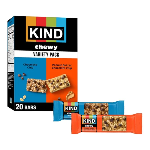 Vista 7 de Barritas de granola masticables KIND, paquete de variedad, chocolate chip y mantequilla de maní con chispas de chocolate, sin gluten, 100 calorías