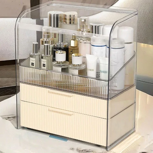 Vista 9 de Organizador de maquillaje para encimera, vitrinas de cosméticos grandes, organizador de cosméticos para el cuidado de la piel, 2 cajones