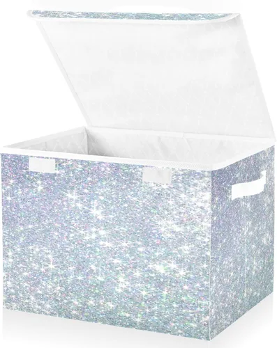 Vista 2 de Ollabaky Contenedor de almacenamiento plegable más grande con purpurina brillante, caja de almacenamiento decorativa de tela, organizador de cubos