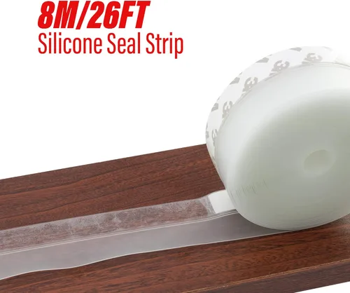 Vista 2 de TradeGear Tira de sellado de silicona de 26 pies a 1.772 in con adhesivo ultra fuerte, cinta transparente anticolisión para sellado de huecos