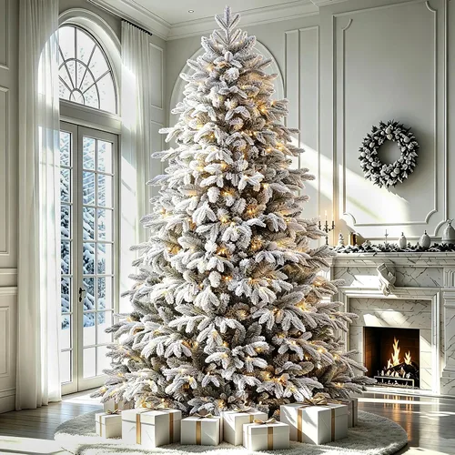 Vista 9 de SHareconn Árbol de Navidad de cedro flocado de 5 pies, 210 luces blancas cálidas y multicolor, diseño moderno de lujo con ramas nevadas flocadas