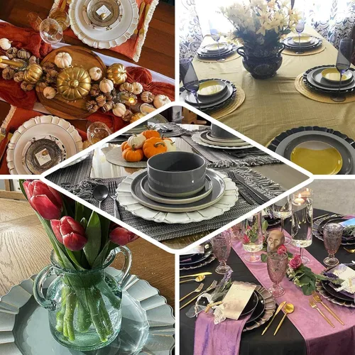 Vista 5 de Efavormart Paquete de 6 Cargadores de Platos de Cena de Plástico Acrílico Beige de 13" con Borde Festoneado Ondulado Cepillado en Dorado