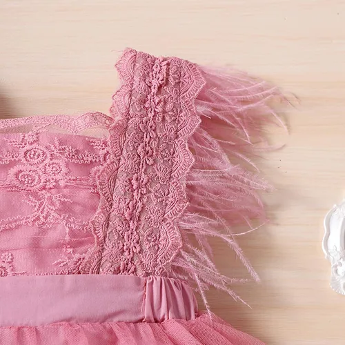 Vista 5 de Vestido de encaje para niñas pequeñas, vestido de encaje con bordado floral, manga de plumas, tul tutú, vestido de fiesta acampanado