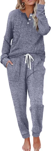 Vista 77 de Wiholl - Conjuntos de dos piezas para mujer: ropa cómoda con sudadera abotonada y pantalones deportivos con bolsillos