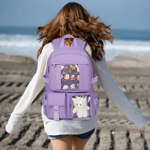 Vista 2 de Mochila Kawaii para niñas, bonita mochila estética para la escuela, mochila Kawaii con accesorios y colgante, Púrpura, Mochilas Tradicionales