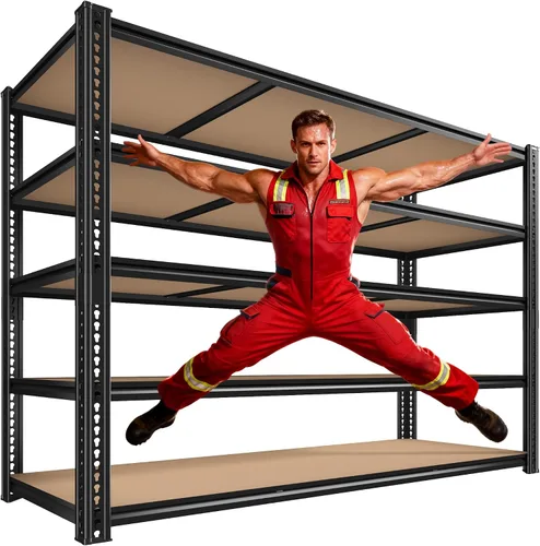 Vista 14 de ROOMFAVE Estantería de metal para garaje de 60 pulgadas de ancho, estantes de almacenamiento de 2800 libras, estantería ajustable de 4 niveles