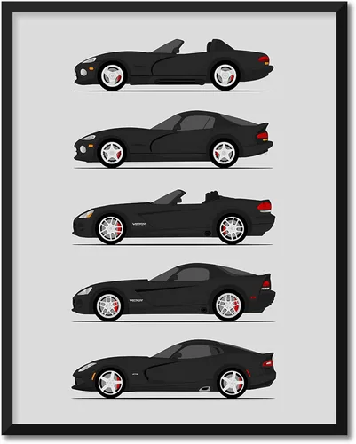 Vista 16 de Custom Car Posters Póster hecho a mano compatible con Dodge Viper Generations e impresión de Viper R/T GTS SRT10, color rojo con rayas blancas, 3.