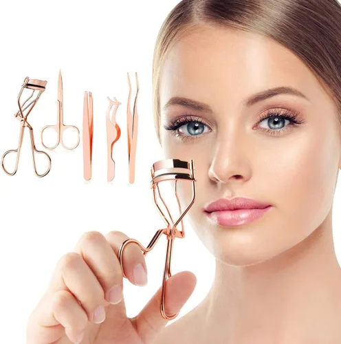 Vista 7 de Arroyner Herramienta aplicadora de pestañas 5 piezas, aplicador de pestañas postizas, rizador de cejas, tijeras de cejas (oro rosa)