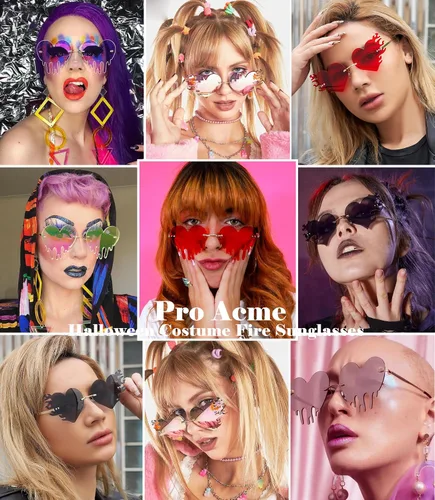 Vista 2 de Pro Acme Gafas de sol rojas con llama goteante para mujeres y hombres, con tonos de corazón, disfraz de Halloween, gafas de fiesta sin montura