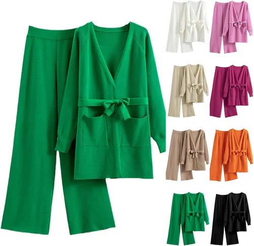 Vista 2 de HGps8w Conjunto de 2 piezas para mujer, suéter con cinturón, parte delantera abierta, suéter de punto largo, pantalones de pierna ancha, ropa