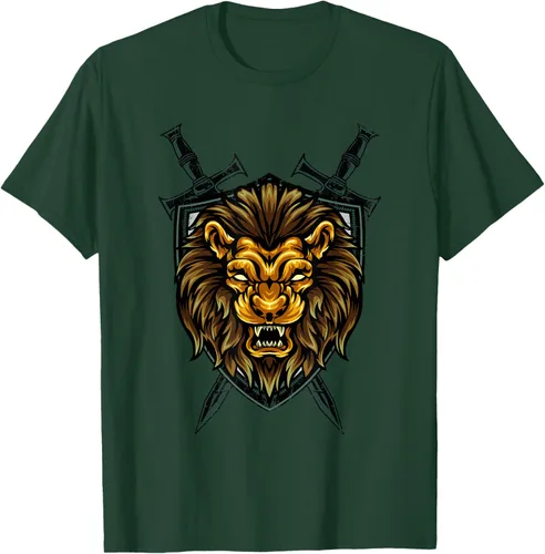 Vista 91 de Camiseta con diseño de caballero medieval renacentista, con diseño de espada de león, Negro, S