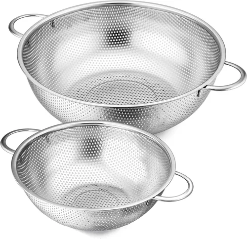 Vista 10 de E-far Juego de 3 coladores de acero inoxidable (1-3-5 cuartos de galón), colador de metal microperforado con mango para cocina/escurrimiento