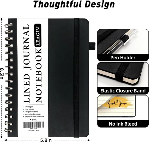 Vista 4 de LEAGIM Cuaderno rayado en espiral para mujeres y hombres, cuaderno de tapa dura con rayas universitarias para trabajo y toma de notas, diarios
