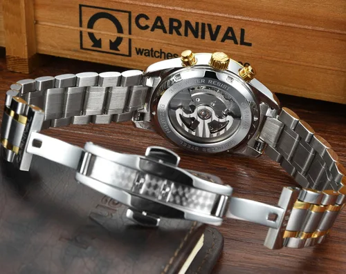 Vista 6 de Tourbillon automático para hombre multifunción zafiro oro acero inoxidable impermeable esfera azul reloj