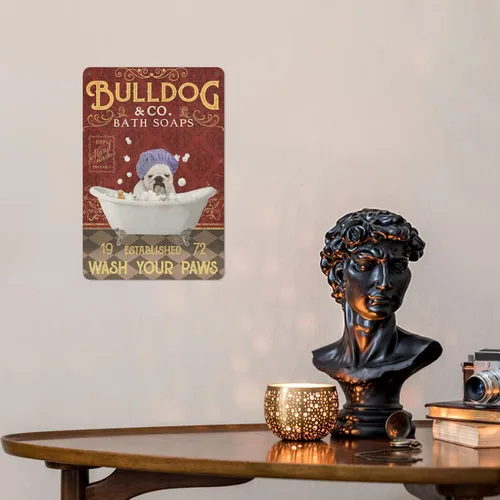 Vista 3 de Letrero de metal – Cartel de baño de Bulldog Wah Your Paws – Letreros de metal para decoración de pared para el hogar, oficina y casa de campo
