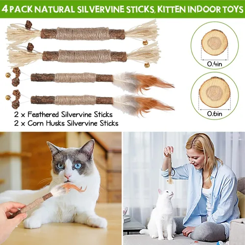 Vista 6 de Paquete de 4 palitos de vid plateada natural, juguete de hierba gatera masticable para gatos de interior, gatitos, limpieza molar de dientes, alivia