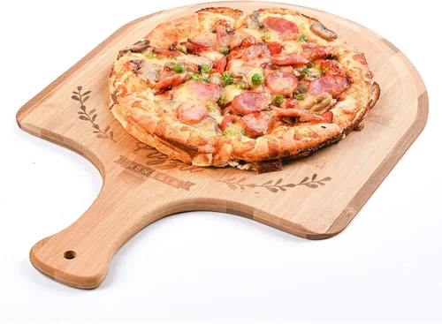Vista 7 de Cáscara de pizza de bambú prémium de 12 pulgadas con mango Pala de pizza de madera, tabla de cortar para frutas, verduras, queso, pan